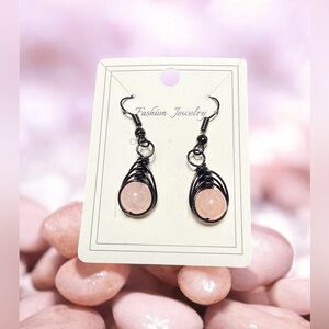 Rose Quartz Wire Wrapped Earrings | Black Dangle Earrings | Handmade